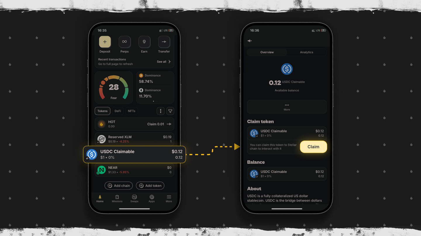 HOT Wallet mobile app showing 0.12 USDC claimable balance on Stellar network with 'Claim' button highlighted – easy one-tap claiming of USDC in 2026